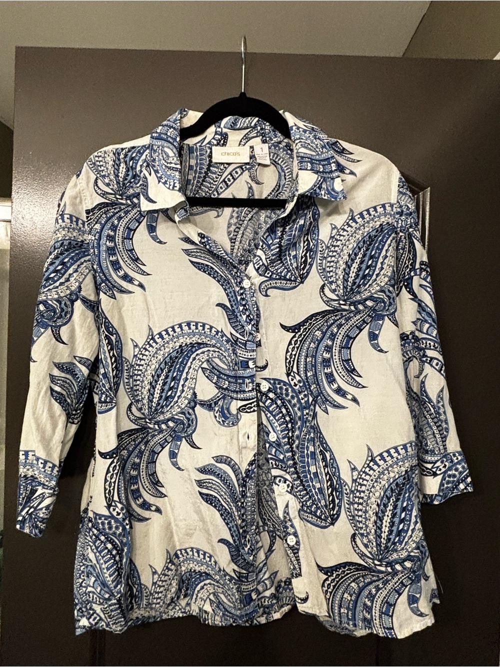 Chico's Blue and White Paisley-Print women’s Button-Up Shirt